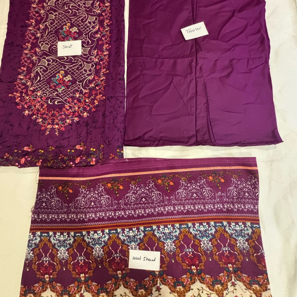 Pakistani/ Indian Purple Ethnic Shirt, Trouser, and Wool Shawl Set